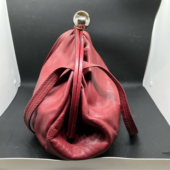 Vintage red leather ball clasp close purse canvas lined attach coin bag straps - Picture 2 of 16